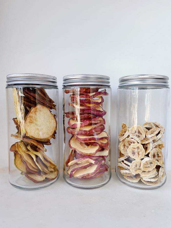 Jars of dehydrated apple, pear and banana