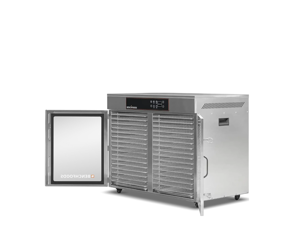 Benchfoods 2 Zone Horizontal 32 Tray commercial dehydrator with doors open showing stainless steel trays