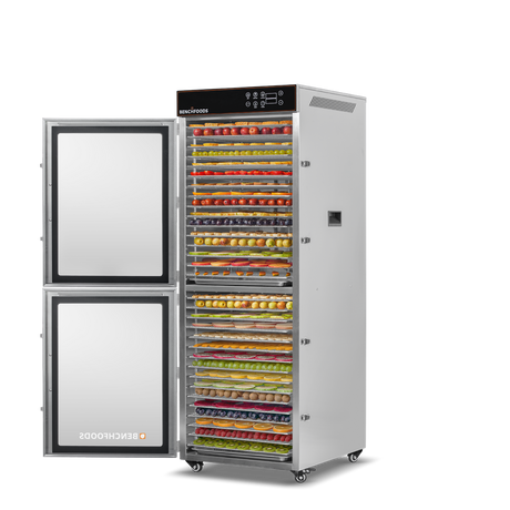 Benchfoods 2 Zone Vertical 32 Tray commercial dehydrator loaded with dried fruit